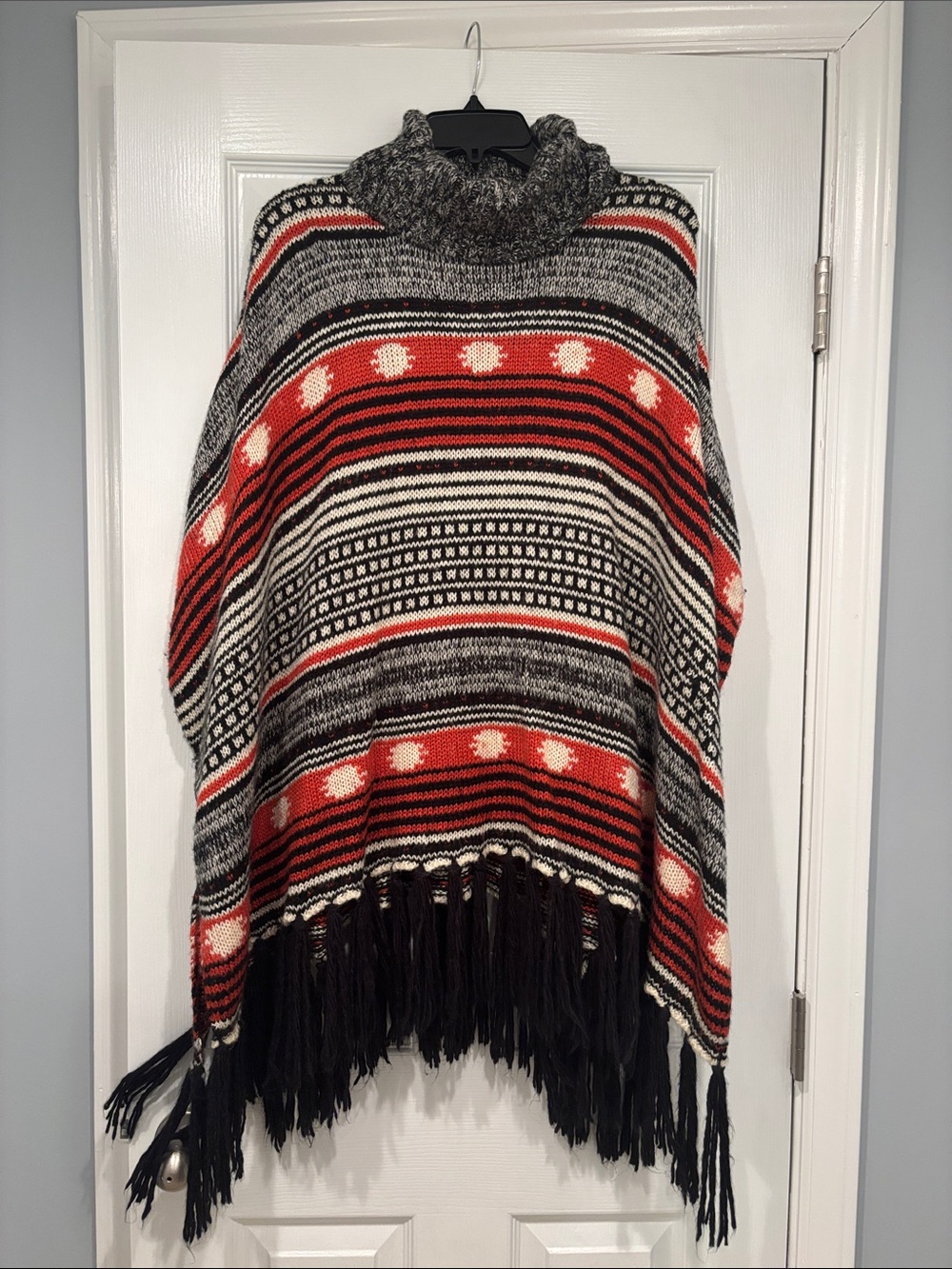 Forever 21 Black, Red & White Patterned Knit Poncho with Fringe